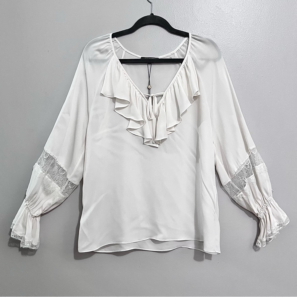 NWT Kobi Halperin Nicolette Lace-Inset Ruffled Silk Blouse in Ivory White